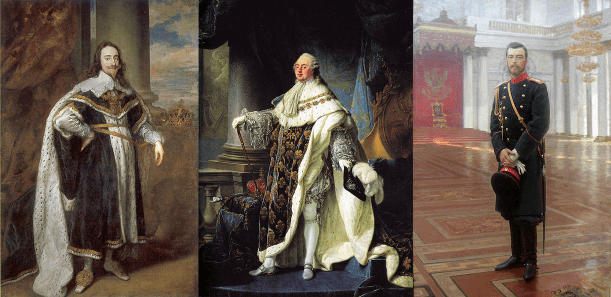 From left to right: Charles I of England (beheaded 30 Jan 1649), Louis XVI of France (beheaded 21 January 1793), Nicholas II of Russia (shot 17 July 1918).  All images and dates from respective Wikipedia articles.