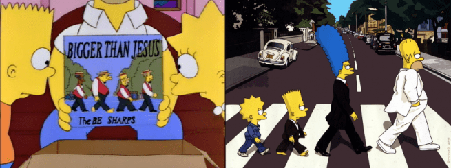 Abbey Roads On the left: part of what made people love The Simpsons. On the right: Shameless self promotion for a show living off its past.